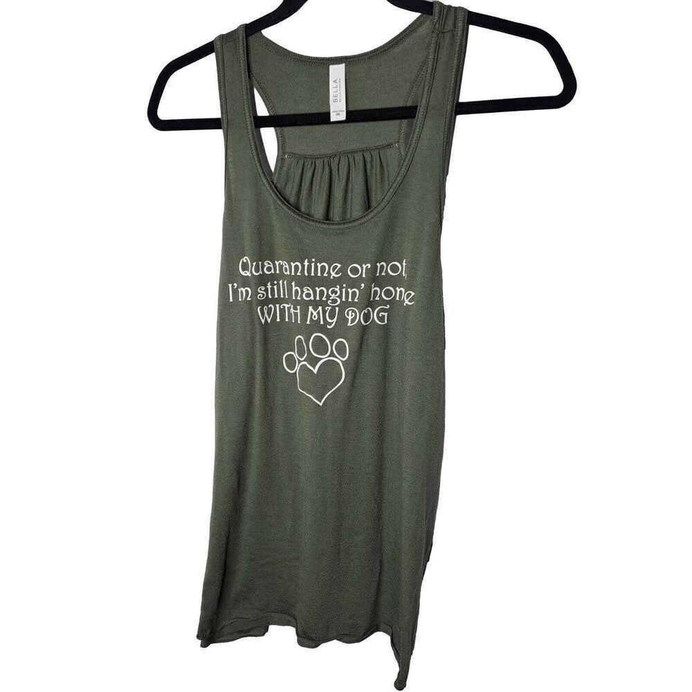 Bella Racerback Dog Tank Top Womens XL Staying Home With My‎ Dog Army Green